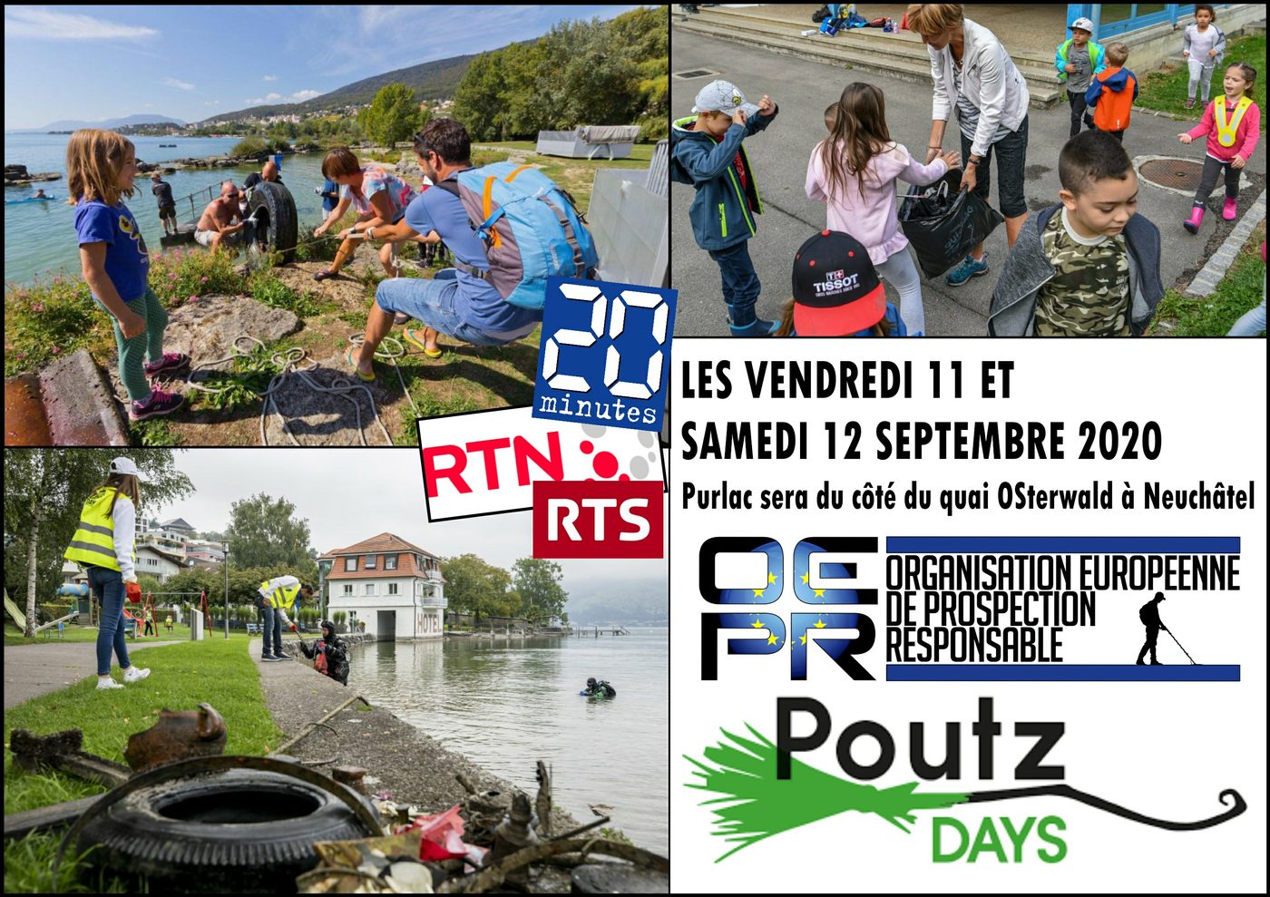 Revue de presse d'une opération de nettoyage de berges avec des détectoristes, relayée par 20 Minutes, RTS et RTN